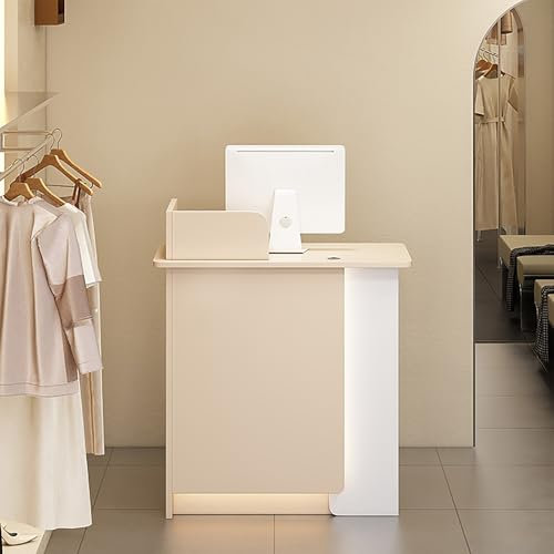 Moderner kleiner Empfangstisch aus Holz mit integrierten Lichtern, abschließbare Schublade und Schrank, ideal für Kassenhandel und Büro