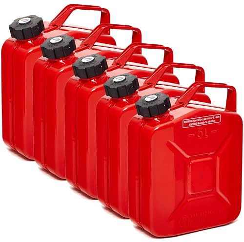 BW® Benzinkanister Metall 5x 5 Liter mit Schraubverschluss - Kraftstoffkanister Rot - RAL 3000 - TÜV-geprüft und UN-Zulassung - 0,8mm Stahl nach DIN 7274 - Made in Europe
