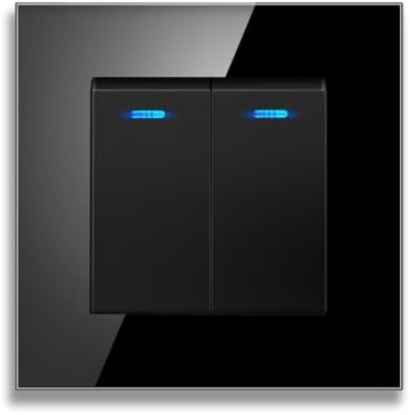Interruptor Empotrable De Pared De Cristal Templado - Interruptor Doble，Fácil De Limpiar con Indicador Fluorescente (Negro)