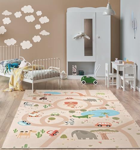 the carpet Happy Life Tapis de Jeu, pour la Chambre, Convient aux Enfants, avec Motif de la Rue, de la Route, de la Jungle, des Animaux et des Voitures, Beige-2, 80 x 150 cm