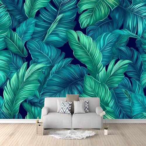 Papier Peint Panoramique 3D Feuilles De Bananier Tropicales 350 x 256 cm Intissé Murale pour Salon Chambre d'enfants restaurant Décoration Murale, Sarcelle Chambre Poster Mural Fresques Murales