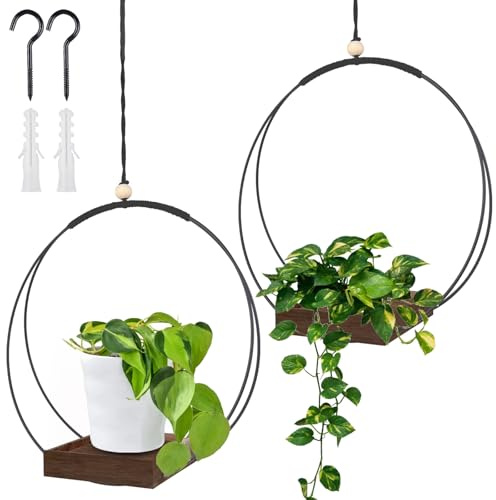 2 fioriere macramè con base in legno, altezza 93 cm, per interni con base in legno, anello in metallo e passante per appendere, vasi da appendere per pareti e soffitti, colore nero (marrone)