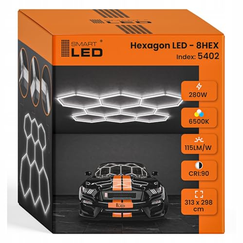 Garagenlampe Hexagon LED 313x298 cm – 8er Set Werkstattbeleuchtung 280W 6500K Kaltweiß – 115LM/W – IP54 – Flimmerfrei – CRI>90 – LED Panel Lichtsystem für Garage, Studio, Detailing, Büro