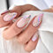 24Pcs Pink Almond Short False Nails - Glossy Glitter Press on Nails with Gold and Blue Swirl - Full cover Medium Fake Nails with glue - Removable Coffin Oval Stick on nails for Women Girls Nail Art