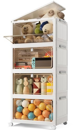 BTGGG 4 Tier Aufbewahrungsbox mit Deckel, 22L*4 Stapelboxen Kisten Aufbewahrung mit Deckel, Kunststoff-Aufbewahrungsbox Faltbare Aufbewahrungsbehälter mit Rollen und Türen, Storage Boxes Organizer