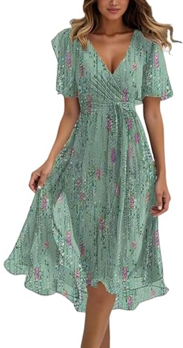 Chiffonkleid Damen Lang Cocktailkleid Blumen Elegant Kleid Knielang Tunika Bindegürtel Hohe Taille Kleider Sommerkleid Kurzarm V Ausschnitt Summer Dress for Women Freizeitkleid