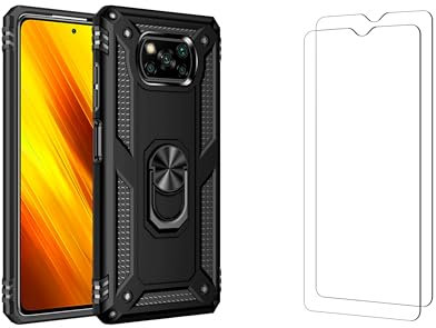 Funda y 2 Protector de Pantalla para Xiaomi Poco X3 NFC/Poco X3 Pro Carcasa Magnética Imán con Anillo Metálico Giratorio 360 [Protección de Grado Militar] Cristal Templado Transparente (Negro)
