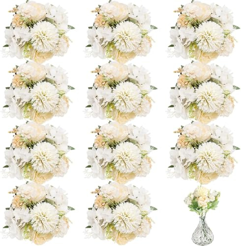 12 Bundles White Artificial Peony Flowers, Fake Rose Silk Bouquet Bulk, Faux Hydrangea Flowers for Wedding DIY Table Centerpiece Floral Vase Home Bridal Decor