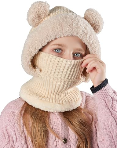 SEAUR Schlupfmütze Mädchen 4-10 Jahre Gefüttert Strickmütze Kinder Schalmütze Sturmhaube Wintermütze Niedlicher Bärchen Balaclava