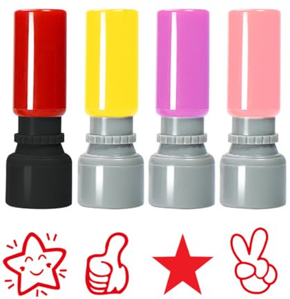 SGERUFZ 4 Sellos Automáticos para Profesores con Mensajes de Motivación y Alabanza Niños, Evaluación y Recompensa Escolar, Diseños Divertidos con Tintas Duraderas, Tapas de Colores Tonos Aleatorios