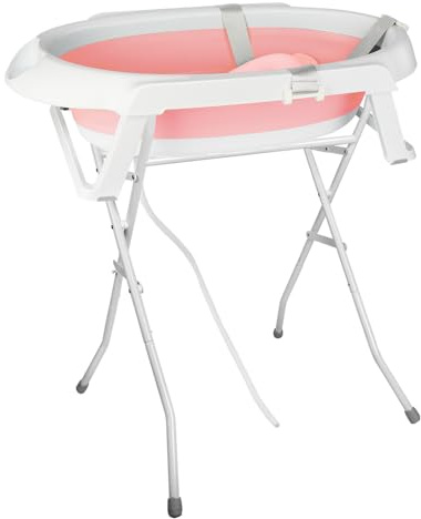 Belfoyer Baignoire Bébé Pliable avec Thermomètre – Bassine de Bain Bébé Pliable sur Pied ou au Sol, Confortable & Sécurisée avec Coussin Doux, Drainage Facile, Gain de Place, 0-36 Mois（WX22601）