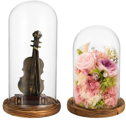 Skdqiee 2 PCS Glass Dome with Wooden Base, 2 Sizes Glass Display Dome with Detachable Base, Decorative Cloche for Flowers, Art Pieces, Collectibles, Keepsakes, Home Office Decor