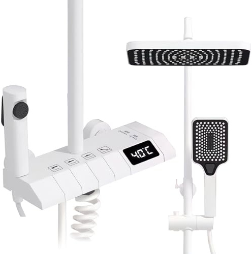 Columna de ducha termostática, pantalla LED, columna de ducha de 4 modos y altura ajustable, columna de ducha de acero inoxidable con mezclador (Pantalla cuadrada de cobre gris-termostable)