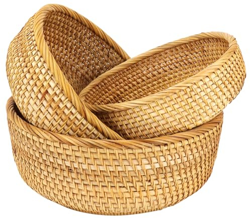 Set of 3 Rattan Storage Baskets, Wicker Bathroom Table Organiser, Round | Assorted Sizes; Hand-Woven Material; Space-Saving Nested Design; Hamper Baskets for Shelves, Cupboards, Cosmetics, Toys