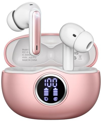 Fhumsh A10 Pro Wireless Earbuds Bluetooth 5.3 HiFi Stereo, 50H Playback LED Digital Display Earphones, ENC Noise Cancelling Mic, Ergonomic Sport Headphone Headset for Gym/Running/Work - Rose Gold
