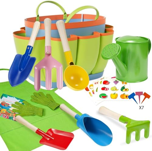 KAHEIGN Lot de 12 outils de jardinage pour enfants, cuillère, fourchette, truelle, râteau, pelle cylindrique avec sac fourre-tout, arrosoir, gants, tablier, étiquettes de plantes, autocollants pour