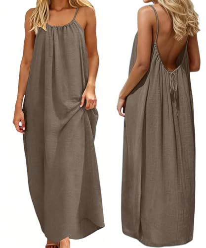 ABINGOO Vestito Estivo Donna Lungo Abito Casual Tinta Unita Senza Maniche Loose Maxi Abiti Senza Schienale con Cordino(Marrone,XXL)