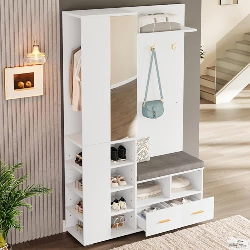 Ktipm Juego de Perchero Pared con Espejo y 2 Cajones, Mueble Recibidor con Barra de Ropa y Estante Abierto, Conjunto de Perchero Entrada Recibidor, Banco y Dispositivo Antivuelco, 120x35x190 cm,Blanco