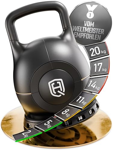 HQ Germany® Kettlebell Verstellbar [Powdercoat Griff] - Kugelhantel 2-20kg | 7 Gewichte per Drehung, Rutschfester Griff, spart Platz und Kosten, perfektes Kettlebell Set für Home Gym Training