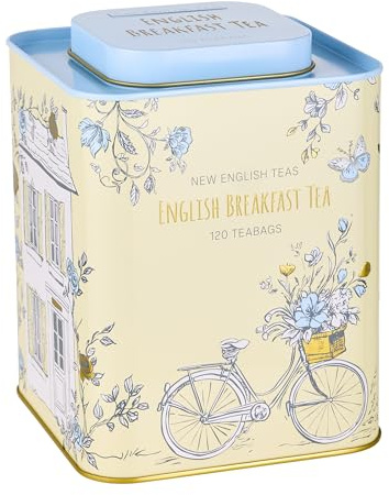 New English Teas Cottagecore Tea Tin - 120 Teabags - Blue | English Breakfast Tea, Countryside Décor, Square Tin