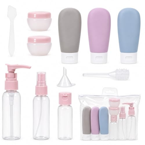 Carehabi Lot de 11 flacons de voyage à remplir, petites boîtes de crème, vaporisateur transparent, distributeur de shampoing, accessoires de voyage pour cosmétiques