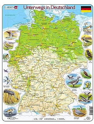 Larsen Puzzle K72 Unterwegs in Deutschland, Alter 8–12, Kinder Puzzle, 91 Teile, Geografie Lernen, Rahmenpuzzle mit Figuren