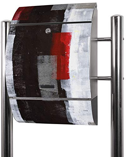 banjado® Standbriefkasten Edelstahl mit Zeitungsfach Motiv Abstrakt Rot/Briefkasten mit Standfuß/Edelstahl Briefkasten freistehend - A4 Einwurf inkl. 2 Schlüssel