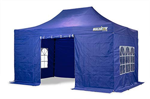 BULHAWK® 3M x 4.5M PREMIUM 32 COMMERCIAL GRADE, WATERPROOF, HEAVY DUTY POP UP GAZEBO MARKET STALL MARQUEE, INCLUDES 4 X 100% WATERPROOF SIDEWALLS AND CARRY BAG (3m x 4.5m Blue including side panels)