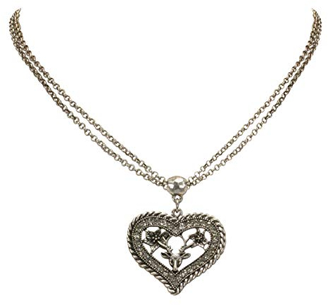 Trachtenkette mit Strassherz Hirsch - Damen Dirndlkette für Trachtenbluse und Lederhose, Metallkette zum Oktoberfest, Dirndl-Schmuck (antik-silber-farben)