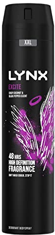 Lynx Excite Aerosol Body Spray Men's Deodorant Spray with a crisp coconut & black pepper fragrance for 48 hours of odour-busting zinc tech 250 ml