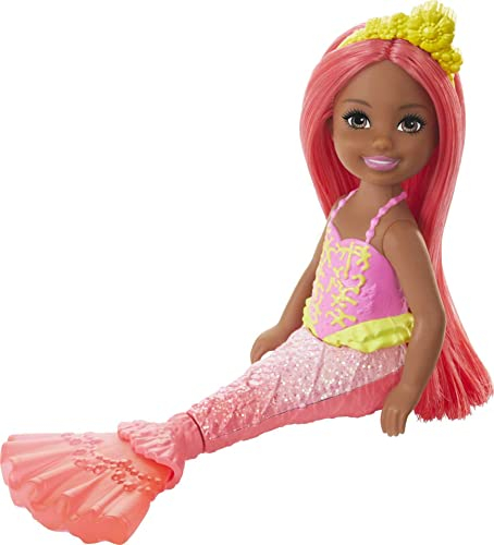 Barbie Dreamtopia Chelsea Mermaid Puppe, 6,5 Zoll mit korallfarbenem Haar und Tail