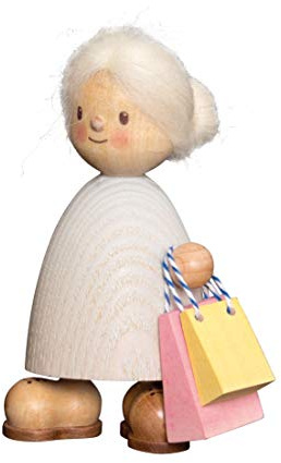 Kuhnert Drechslerei Dekoration/Holzfigur aus Massivholz mit Schafwollfrisur - Finn & Finja - Motiv: Finja mit Tasche - Höhe: ca. 9cm - Made in Germany