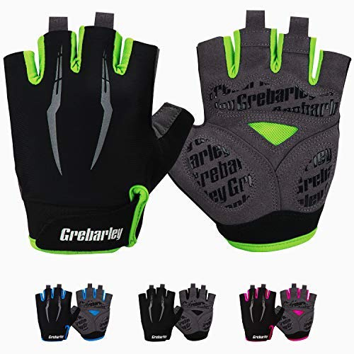 Grebarley Gants de Cyclisme pour Homme et Femme - Gants de VTT - Antidérapants - Absorbant Les Chocs - Respirants - Demi-Doigts - pour vélo (Vert, Large)