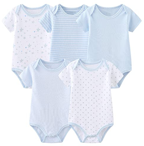 Chamie Baby bodysuit bomull kortärmad västar för nyfödda 5-pack endelad kostym för pojke och flicka 0-12 månader., BLÅ, 3-6 Months