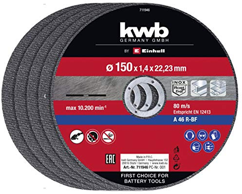 Einhell Lot de 5 disques à tronçonner fins 150 x 1,4 mm (accessoires pour meuleuse d'angle, 5 pièces, Ø 150 x 1,4 x 22,23 mm, max. 10200 tr/min, extra fins pour peu de perte de matériau)