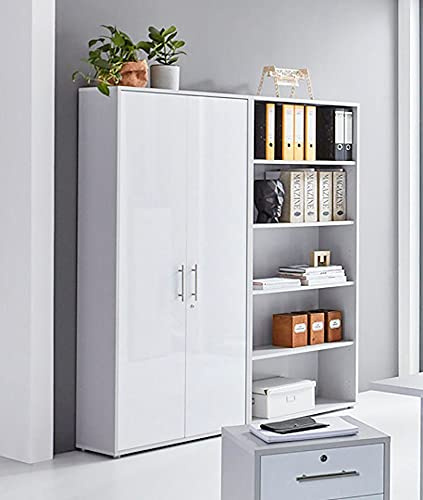 Schrankwand Office Edition abschliessbarer Aktenschrank Büroschrank Büromöbel Regal in Lichtgrau/Weiß Matt… (Set 1 Hoch)