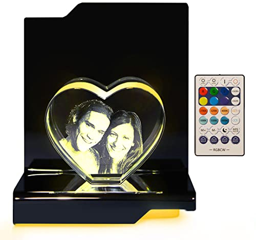 LOOXIS Personalisiertes 3D Laser-Foto vom eigenen Bild in Glas-Herz gelasert – 65 x 80 x 35 mm, Hologramm – Geschenkidee Männer, Frauen, Valentinstag, Hochzeitstag – Herz M, inkl. Leuchtsockel