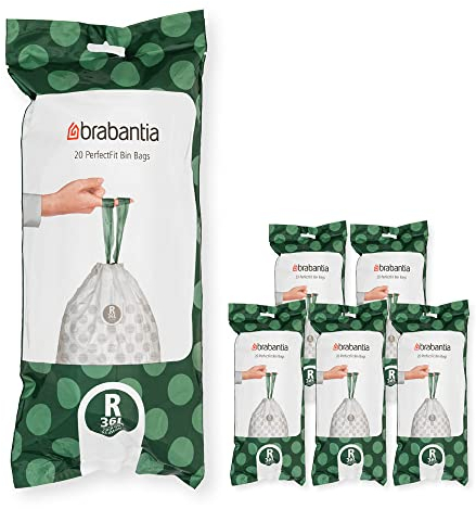 Brabantia Müllbeutel PerfectFit Multipack (Code R / 36L) Extra Starke Müllsäcke mit Zugband, 6 rollen (120 Müllbeutel)