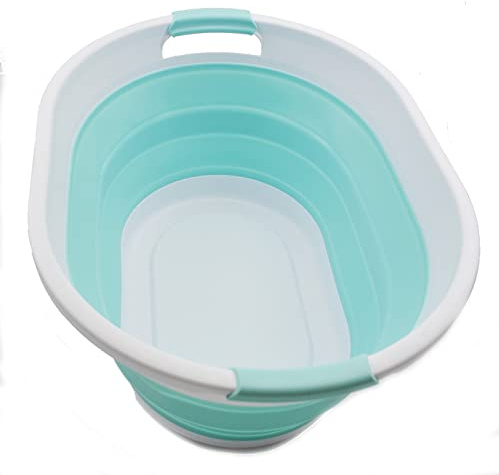 SAMMART 32L zusammenklappbarer Kunststoff-Wäschekorb – Faltbarer Pop-Up-Aufbewahrungsbehälter/Organizer – Tragbare Waschwanne – Platzsparender Wäschekorb/Korb, Wasserkapazität: 24L (1, Weiß/Seegrün)