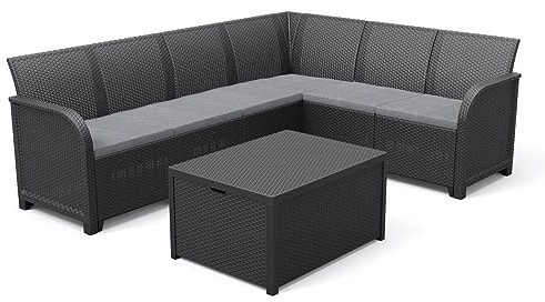 ALLIBERT von KETER - SanRemo Storage 6-Sitzer-Ecksofa in gewebter Rattanimitation mit Couchtisch und Kissenaufbewahrung - graphitgrau