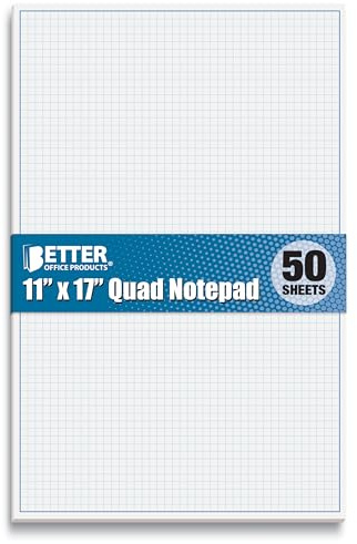 Graph Paper Pad, 17 x 11, 50 Sheets, Blue Line Border, Blueprint Paper, Double Sided, White, 4x4 Blue Quad Rule, Easy Tear Sheets, Grid Paper, Graph Paper by Better Office Products