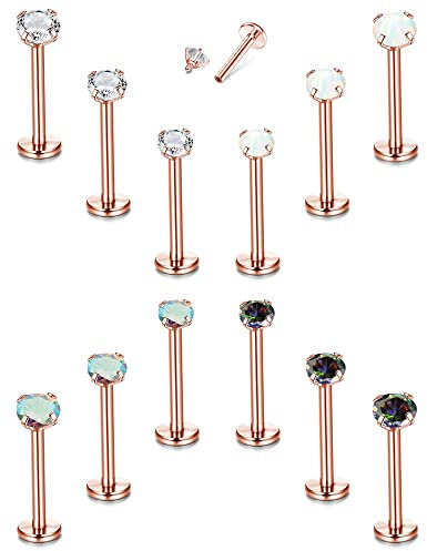Roheafer 12Pcs 16G Helix Tragus Piercing for Women Gold/Rose Gold/Silver/Black Surgical Steel Industrial Piercing Clear Nose Stud Cubic Zirconia Opal Flat Back Earrings Jewellery Set 2/3/4MM