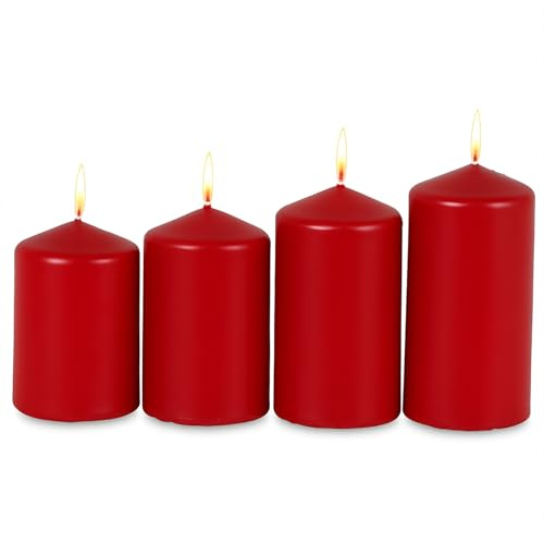 Adventskerzen Rot 4er Set Stumpenkerzen Weihnachten Advent 50x80 mm Deko | BURI, Advent 1 bis 4, gleichmäßige Brenndauer, Wachskerzen, Weihnachtsdekoration, festliche Tischdeko, hochwertig, klassisch
