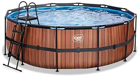 EXIT Toys Wood Pool - ø14x4ft - Large, Round Frame Pool with Sand Filter Pump - Extra Deep Pool - Strong Frame - Includes Pool Ladder - Unique Design - Brown