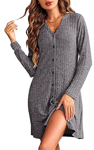 Ekouaer Sleepshirt Long Sleeve Nightshirt Ribbed Knit Pajama Top for Women Nighties Cozy Pajamas for Pregnancy Dark Grey