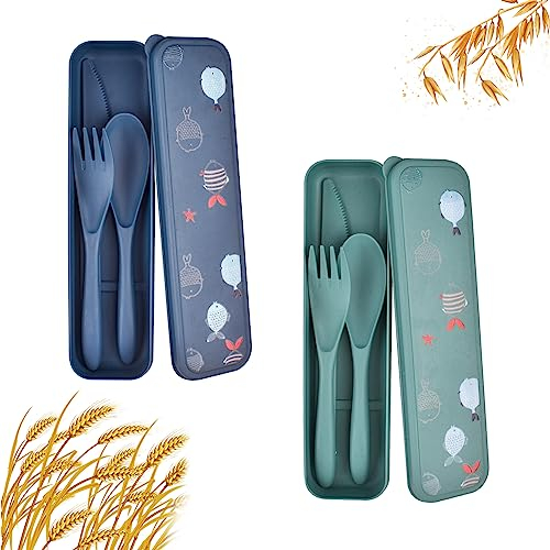 Ensemble de couverts de voyage avec étui, 2 couverts de camping en plastique, Couvert pique nique portables, Ensembles de couteaux fourchettes cuillère Reutilisable pour Travail (Bleu+Vert)