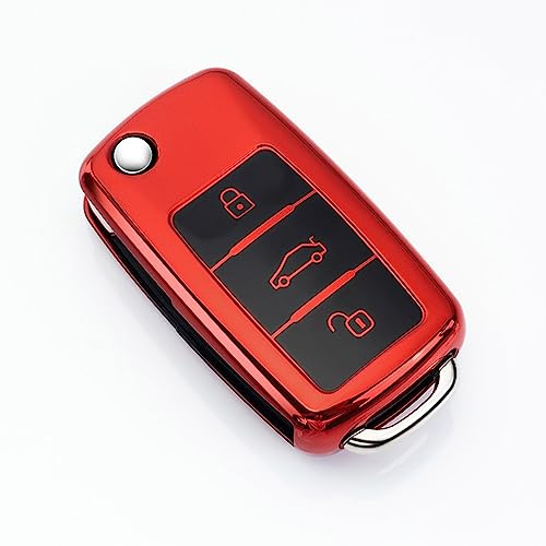 Schlüsselhülle Kompatibel Mit Vw,AutoschlüsselHülle Vw-3 Tasten Rote | Mit Caddy Jetta Bora Beetle Golf Polo Passat Scirocco Sharan Touran Tiguan T5 Skoda Seat Ibiza Leon Octavia Schlüssel Cover