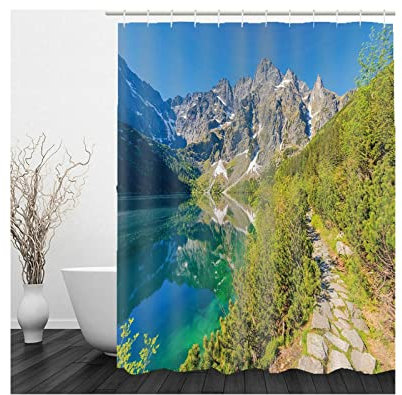 Whoiy Duschvorhang 180X180 Waschbar Stoff, Badewannenvorhang Ecke Polyester Bath Curtains Landschaft Am See Blau Grün für Outdoor Hotel