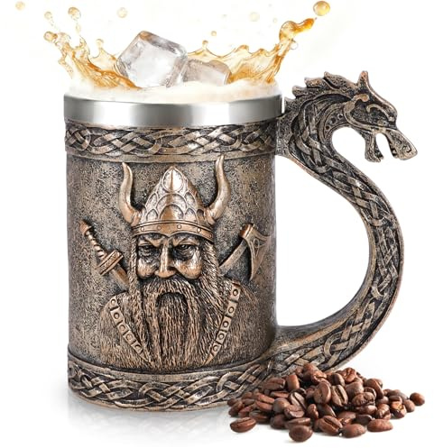 Nordic Viking Coffee Beer Mugs for Men,Dragonship - Drakkar Beer Stein Tankard Mug, Bronze Color Viking Warrior Coffee Cup Resin Hand Crafts with Stainless Steel Liner for Hot Cold Drinks