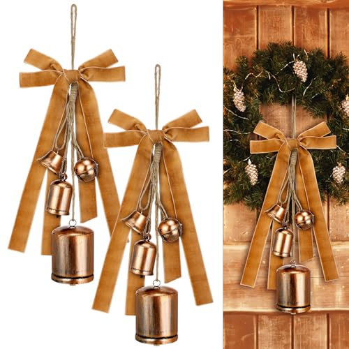 Lukmaa Harmony Kuhglocken im Vintage-Stil, rustikale Kuhglocken zum Aufhängen, Weihnachtsglocken mit 1 Rolle, Vintage-Khaki-Samtband für Weihnachten, Türkranz, Baumgirlande, Ornamente, 2 Stück